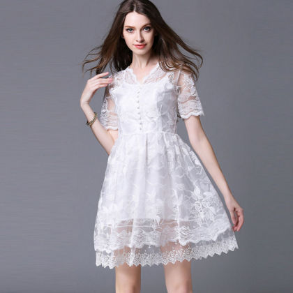 White Lace Embroidery Dress on Luulla