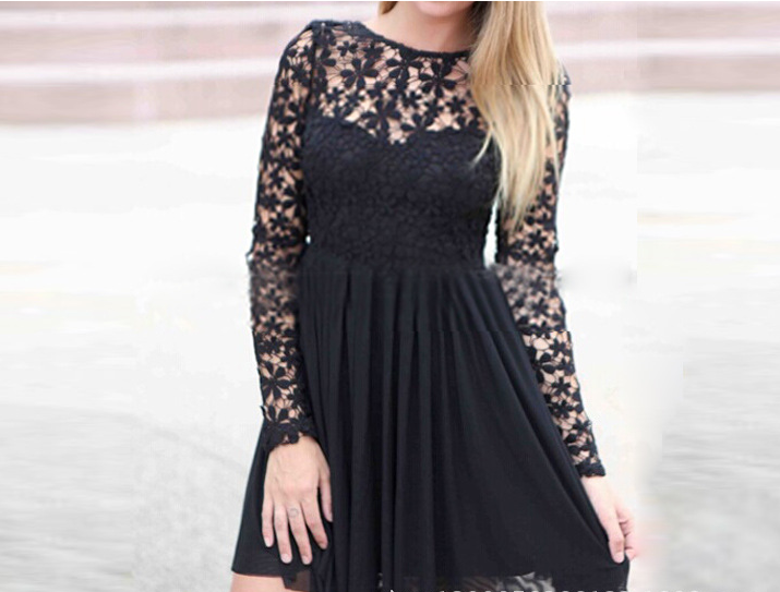 Long Sleeve Lace Stitching Backless Dress on Luulla