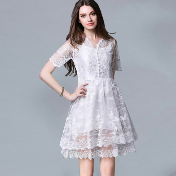 White Lace Embroidery Dress on Luulla